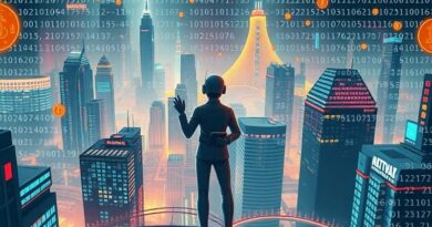 Futurystyczne miasto w binarnym kodzie, dziennikarz pośród danych kryptowalut z notatnikiem. AI w krypto dziennikarstwie.