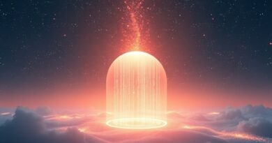 Abstrakcyjne, świetliste strumienie głosu dzieci w kopule na tle cyfrowego krajobrazu, symbol ochrony prywatności.