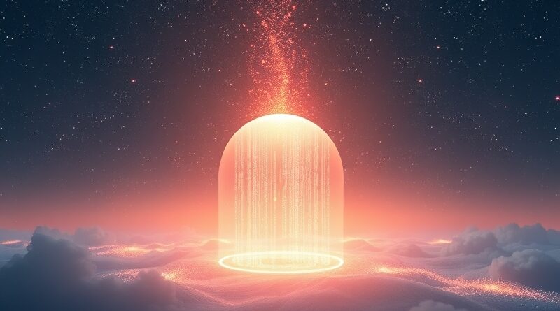 Abstrakcyjne, świetliste strumienie głosu dzieci w kopule na tle cyfrowego krajobrazu, symbol ochrony prywatności.