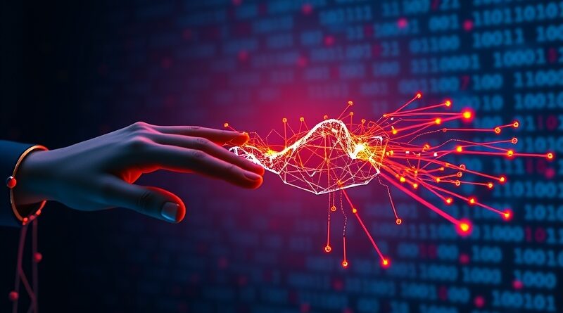 Cyfrowa ręka bota wyciąga dane z profilu użytkownika, na tle labiryntu kodu binarnego.