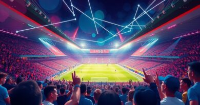 Stylizowany stadion Premier League z kibicami, wzbogacony o wizualizacje AI i spersonalizowane elementy dla fanów.