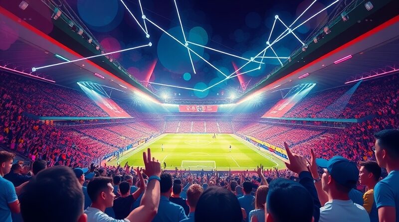 Stylizowany stadion Premier League z kibicami, wzbogacony o wizualizacje AI i spersonalizowane elementy dla fanów.