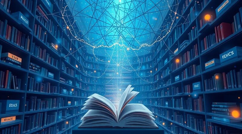 Eteryczna biblioteka, pływające książki połączone siecią neuronową symbolizującą AI. Niebiesko-fioletowa kolorystyka z akcentami złota.