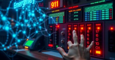 Abstrakcyjna sieć neuronowa splata się z centralą 911, symbolizując wsparcie AI dla służb ratunkowych.