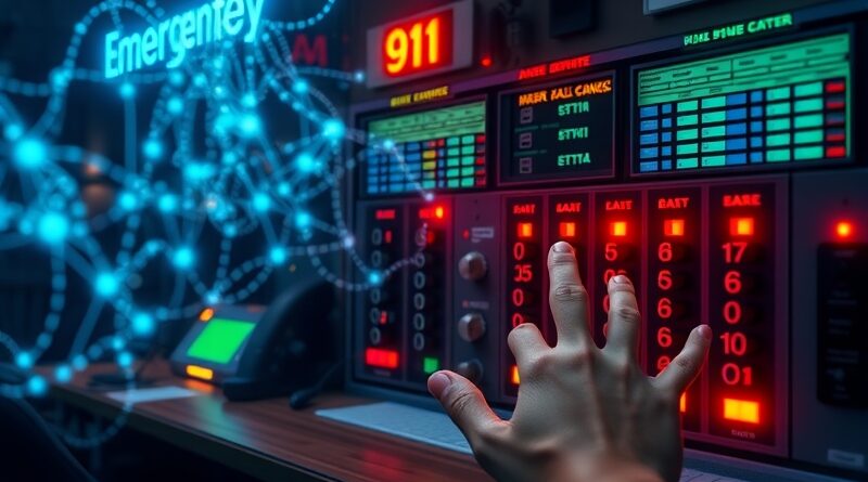 Abstrakcyjna sieć neuronowa splata się z centralą 911, symbolizując wsparcie AI dla służb ratunkowych.
