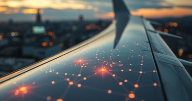 Inspekcja skrzydła samolotu z wykorzystaniem AI. Powierzchniowe defekty podświetlone przez sztuczną sieć neuronową. Bezpieczeństwo lotów.