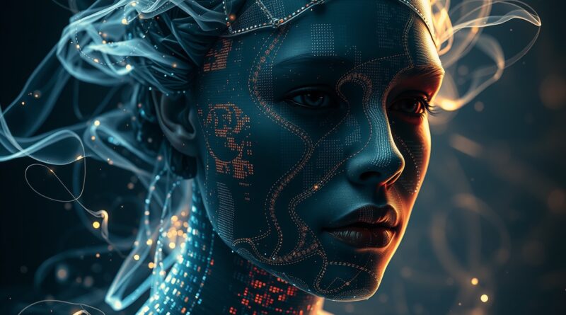 Rozfragmentowana twarz wygenerowana przez AI, smutek i piękno w cyfrowym świecie mody.
