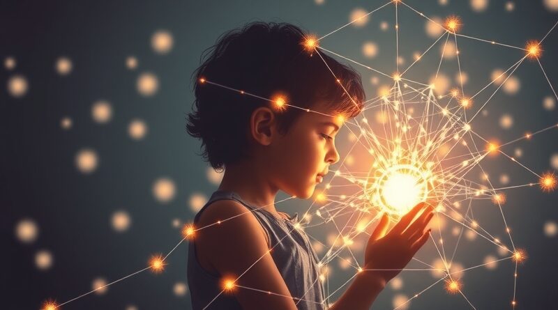 AI otacza dziecko w sieci nicią bezpieczeństwa. Pastelowe barwy, ochrona online, art nouveau.