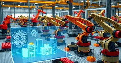 Zautomatyzowana fabryka Lego: roboty składają klocki, nadzór AI, futurystyczna efektywność produkcji.