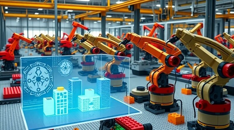 Zautomatyzowana fabryka Lego: roboty składają klocki, nadzór AI, futurystyczna efektywność produkcji.