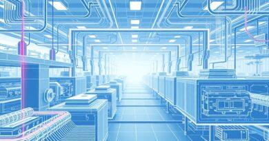 Abstrakcyjna wizualizacja fabryki: dane przepływają wokół maszyn, AI wykrywa defekty w zmiennych warunkach.