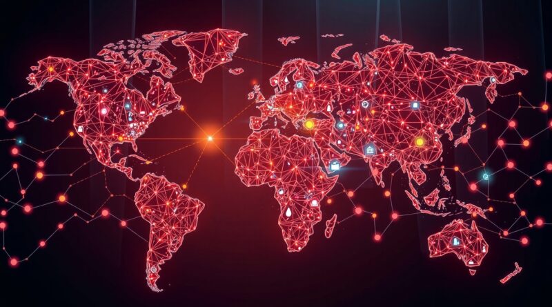 Światowa mapa z sieci neuronowej symbolizuje globalną integrację AI w biznesie, dane przepływają między kontynentami.