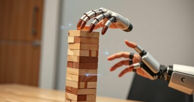 Robot gra w Jengę, precyzja ruchu, nadzór człowieka przez hologram, futurystyczna technologia.