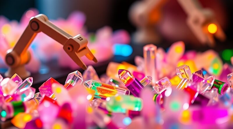 Miniaturowa, futurystyczna farma kryształowych baterii; robotyczne ramiona zbierają elektrolity pod kontrolą AI.