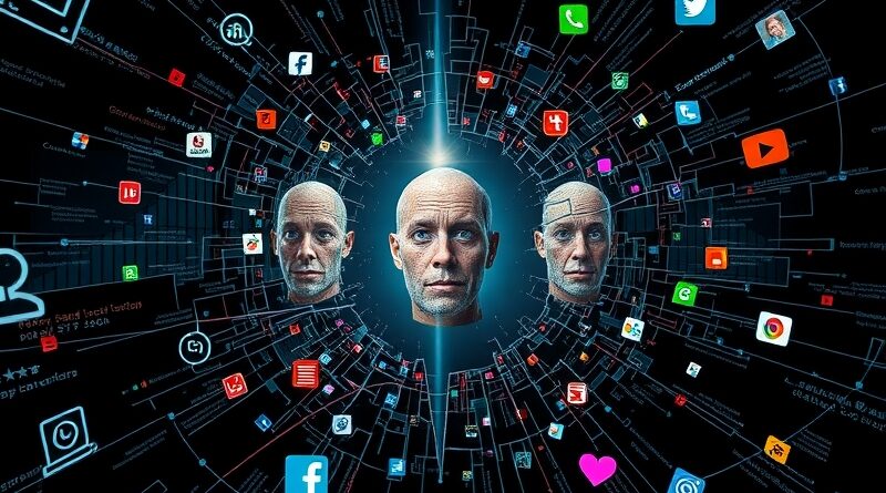 Rozbity lustro z odbiciem zniekształconych twarzy w ikonach mediów społecznościowych, rozświetlone promieniem AI.