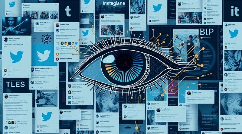 Abstrakcyjne oko AI monitoruje media społecznościowe, symbolizując nadzór nad oszustwami podatkowymi.
