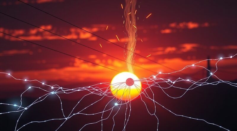 Sztuczna inteligencja i linie energetyczne na tle zachodu słońca, iskry zamieniające się w strumienie danych.
