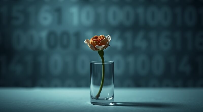 Zwiędły kwiat w wazonie odbija binarny kod. Metafora: AI w zdrowiu psychicznym - kruchość i zagrożenia.