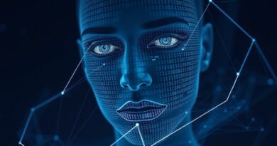 Rozpadająca się twarz w kodzie binarnym na tle ciemnego wiru, symbolizuje AI a zdrowie psychiczne.