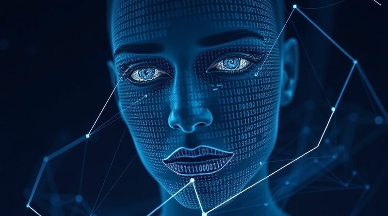 Rozpadająca się twarz w kodzie binarnym na tle ciemnego wiru, symbolizuje AI a zdrowie psychiczne.