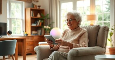 Uśmiechnięta seniorka w fotelu, tablet, świetlista kula AI, nowoczesny dom, ogród. Integracja technologii w życiu.