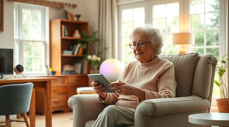 Uśmiechnięta seniorka w fotelu, tablet, świetlista kula AI, nowoczesny dom, ogród. Integracja technologii w życiu.