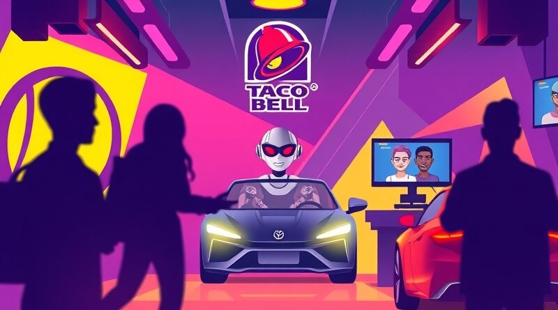 Futurystyczny Taco Bell drive-through: roboty, cyfrowe interfejsy i ludzka interakcja w neonowych barwach. AI w fast-foodzie.