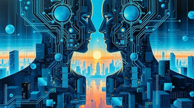 Abstrakcja: cyfrowe giganty przytłaczają futurystyczne miasto, odzwierciedlając dominację Nvidii przez dwóch klientów.