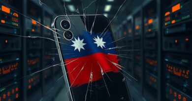 Pęknięty ekran iPhone'a. Przez szczeliny widać serwery AI. Tło: tajwańska flaga. Styl barokowy.