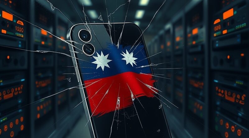 Pęknięty ekran iPhone'a. Przez szczeliny widać serwery AI. Tło: tajwańska flaga. Styl barokowy.
