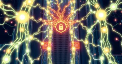 Cyfrowa sieć neuronowa w korporacyjnym wieżowcu, strzeżona przez abstrakcyjnego agenta AI. Bezpieczeństwo danych, innowacja. Styl Ghibli.