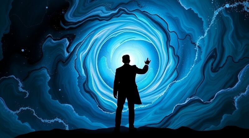 Sylwetka artysty dyryguje wirującym chaosem dźwięków. AI Tencent Hunyuan tworzy Foley.