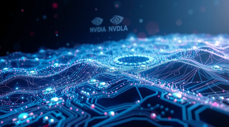 Abstrakcyjny krajobraz sieci neuronowej z rozpadającym się logo Tesli, subtelne logo Nvidia, AMD i Samsung.