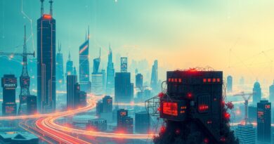 Futurystyczne miasto AI, z porzuconym monolitem Dojo, symbolizuje przesunięcie Tesli w kierunku AI6.