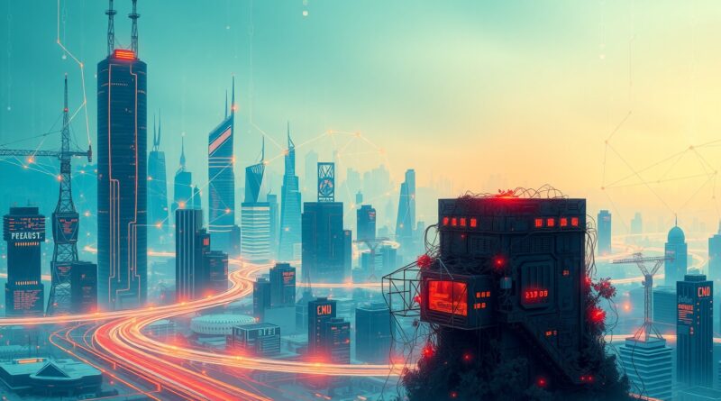 Futurystyczne miasto AI, z porzuconym monolitem Dojo, symbolizuje przesunięcie Tesli w kierunku AI6.