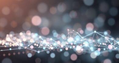 Abstrakcyjna reprezentacja śledzenia eksperymentów ML: świecąca sieć neuronowa tworząca klarowny wykres z danych.