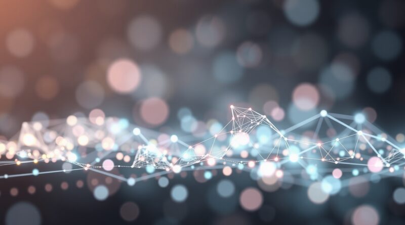 Abstrakcyjna reprezentacja śledzenia eksperymentów ML: świecąca sieć neuronowa tworząca klarowny wykres z danych.