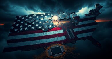 Pęknięta amerykańska flaga z mikrochipów, burza na horyzoncie. Metafora ceł na półprzewodniki.