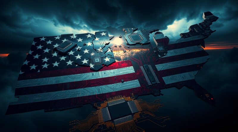 Pęknięta amerykańska flaga z mikrochipów, burza na horyzoncie. Metafora ceł na półprzewodniki.
