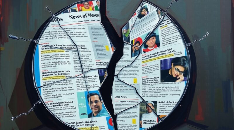 Pęknięte lustro odbija fragmenty nagłówków. Kod binarny i dominująca narracja kontra szersze perspektywy za lustrem.