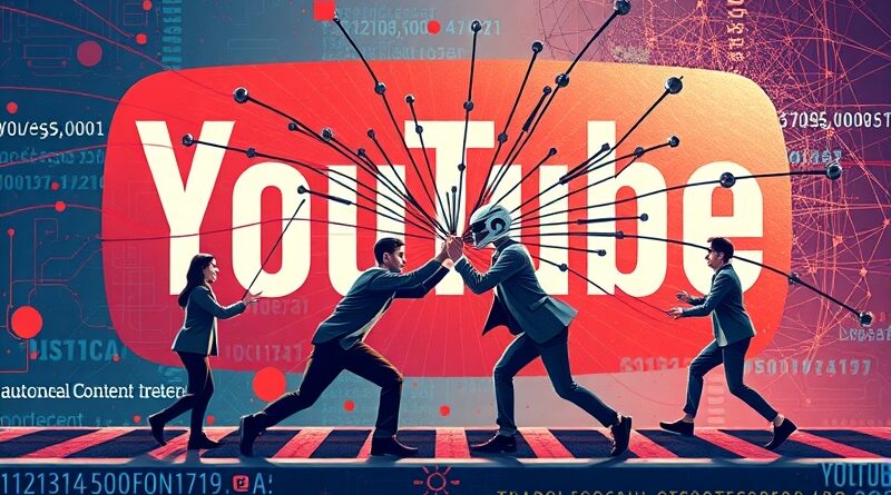 Ludzie i AI w szarpaninie na linie na tle logo YouTube.