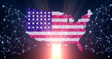 Amerykańska flaga spleciona z neuronami sieci neuronowej w miękkim, eterycznym świetle. Technologia i patriotyzm.