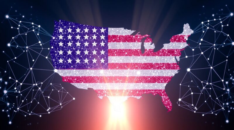 Amerykańska flaga spleciona z neuronami sieci neuronowej w miękkim, eterycznym świetle. Technologia i patriotyzm.