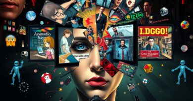 Rozfragmentowany umysł AI: Ekrany wyświetlają romanse anime, teorie spiskowe i nieudane stand-upy. Światło i cień.