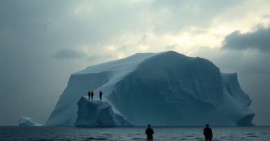 Góra lodowa z biznesmenami. Metafora ukrytych kosztów wdrożenia AI, wyzwań i nieznanego.