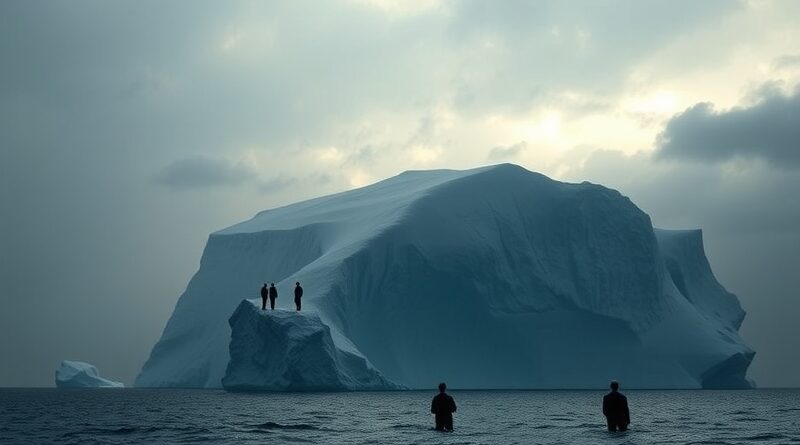 Góra lodowa z biznesmenami. Metafora ukrytych kosztów wdrożenia AI, wyzwań i nieznanego.