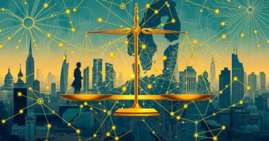 Stylizowana wizja europejskiego miasta spleciona ze sztuczną inteligencją. Waga symbolizuje balans innowacji i regulacji AI.