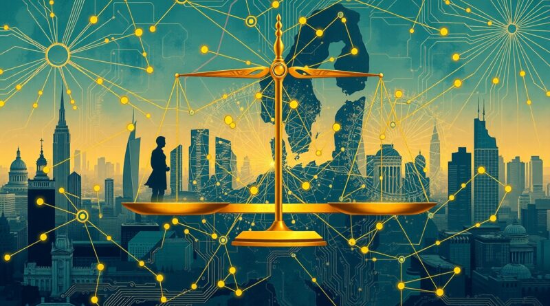 Stylizowana wizja europejskiego miasta spleciona ze sztuczną inteligencją. Waga symbolizuje balans innowacji i regulacji AI.