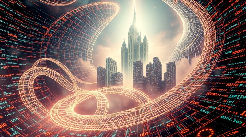 Abstrakcyjna wizja krajobrazu przepływu danych: binarny kod i sieci neuronowe formują futurystyczne centrum danych.