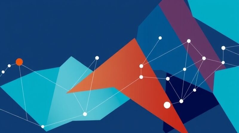 Abstrakcyjne, minimalistyczne wizualizacja danych w odcieniach niebieskiego, turkusowego i pomarańczowego. Geometryczne kształty symbolizują przepływ i integrację danych.